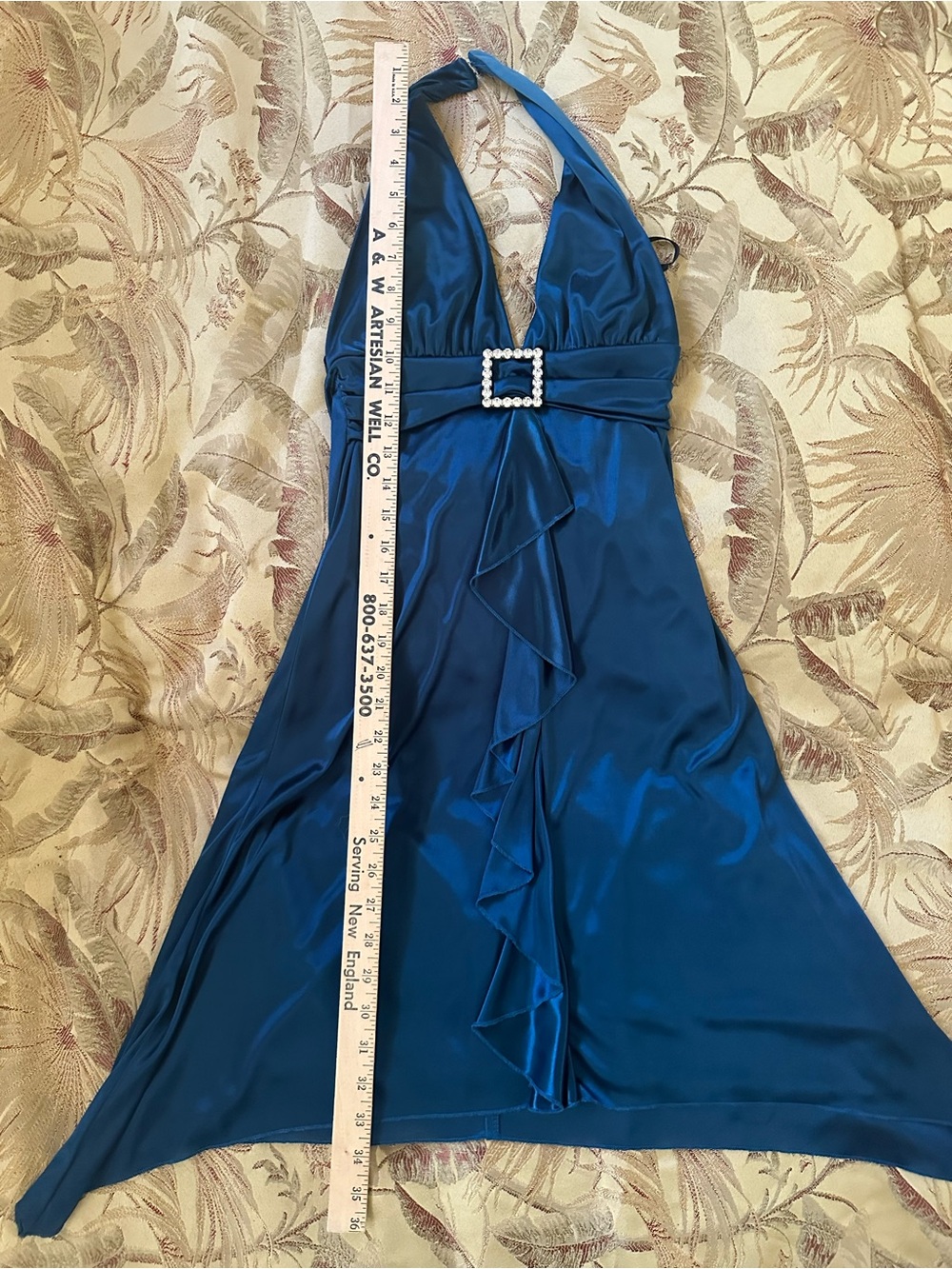 Vintage slate Blue Halter Ruffle-Front Evening Dress with Rhinestone Buckle